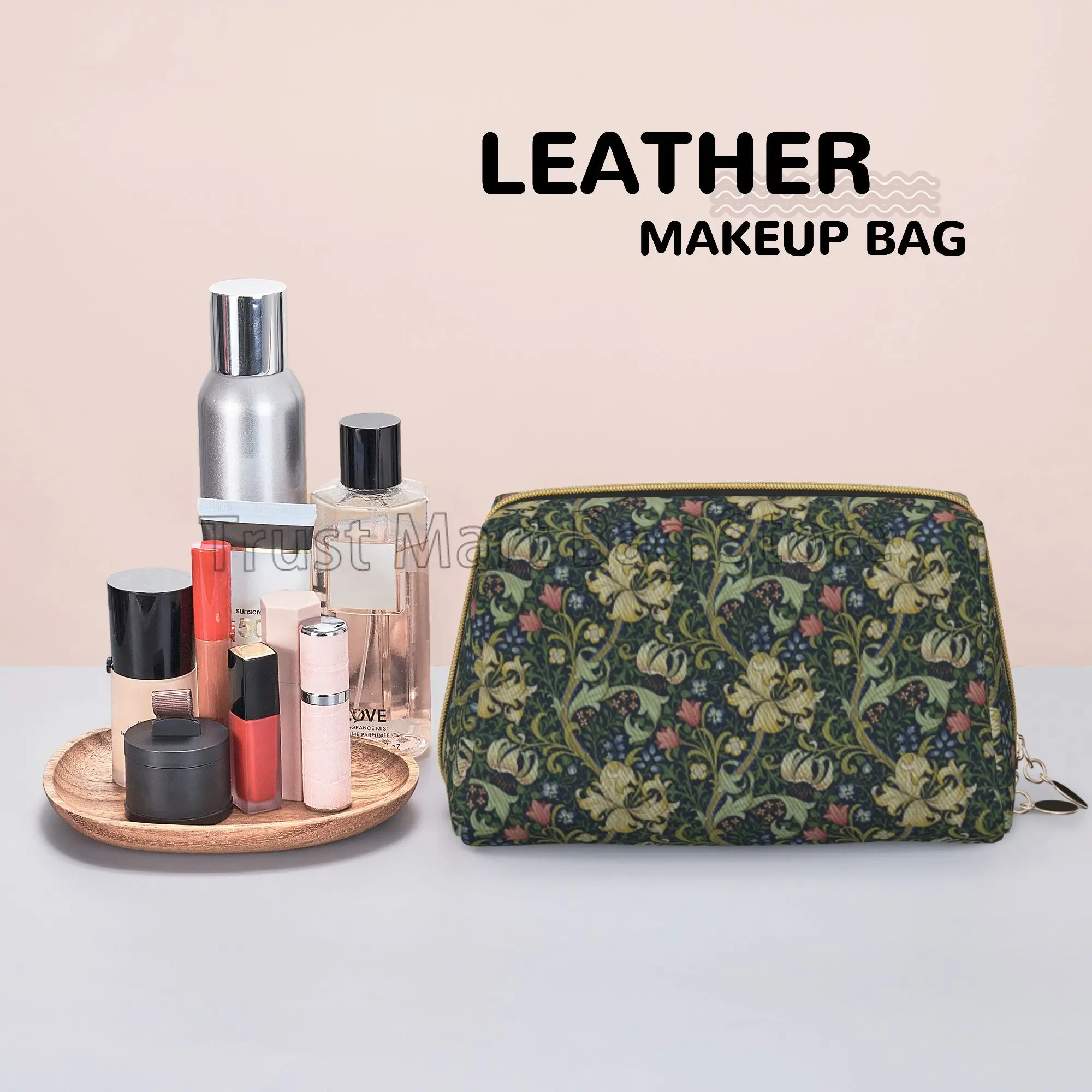 William Morris Print Makeup Bag Leather Travel Cosmetic Organizer Bag for Women Large Capacity Waterproof Toiletries Bag