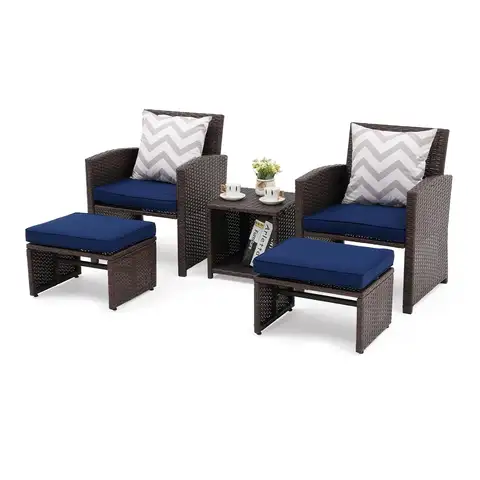 5 Pcs Patio Furniture Set w/Chairs and Ottomans, Navy Blue | Balcony Furniture, PE Wicker Outdoor Lounge Chairs, Customized