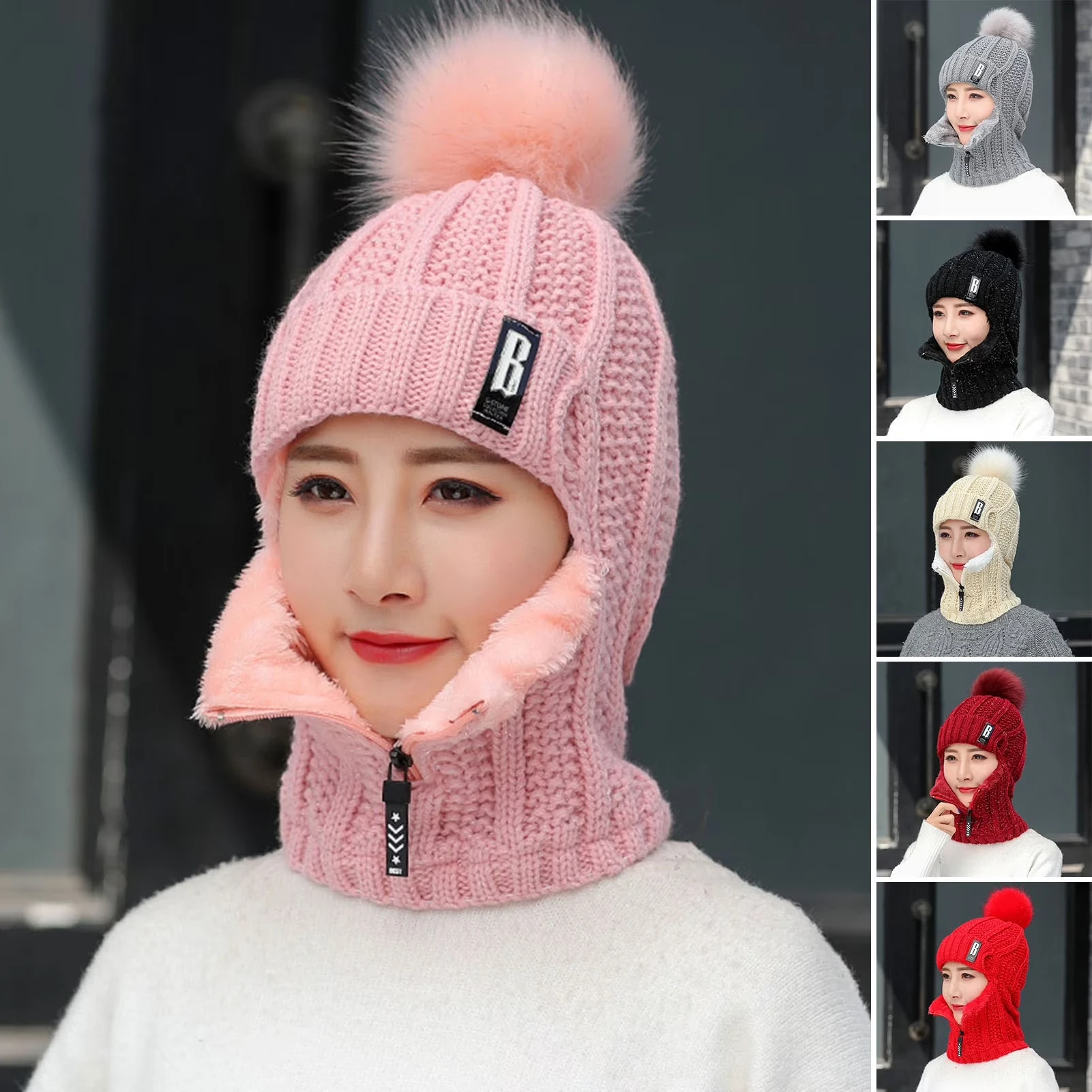 Women's 2-in-1 Scarf Beanie Hat with Zipper, Fashion & Warm Knitted Cap with Pompom, Thickened Coldproof Snow Hood for Outdoor