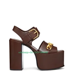 Lady gold chain buckle design platform sandals open toe party punk chunky heel dress pumps high heels brown PU sandals footwear