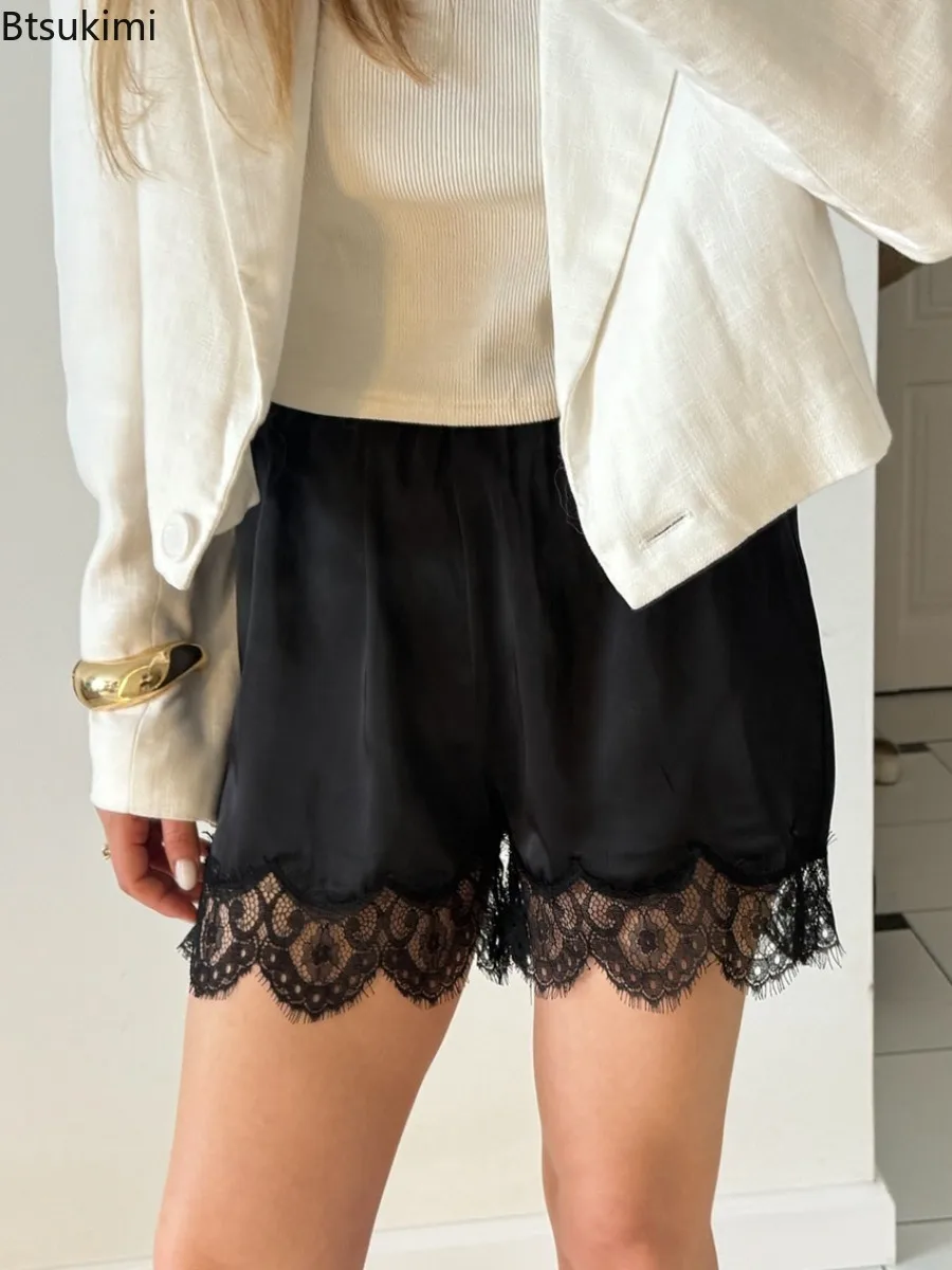 New Women Plain Lace Satin Shorts Elastic Waist Y2K Mini Shorts Fashion Casual Streetwear Summer Holiday Daily Boxer Slip Shorts