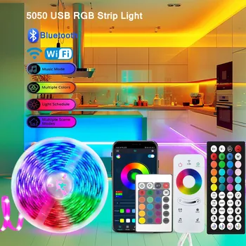 スマートLEDストリップライト,Bluetooth,Wi-Fi,アレクサ,RGB,TVバックライト,USB, 5V, 5050, 15 m, 20 m
