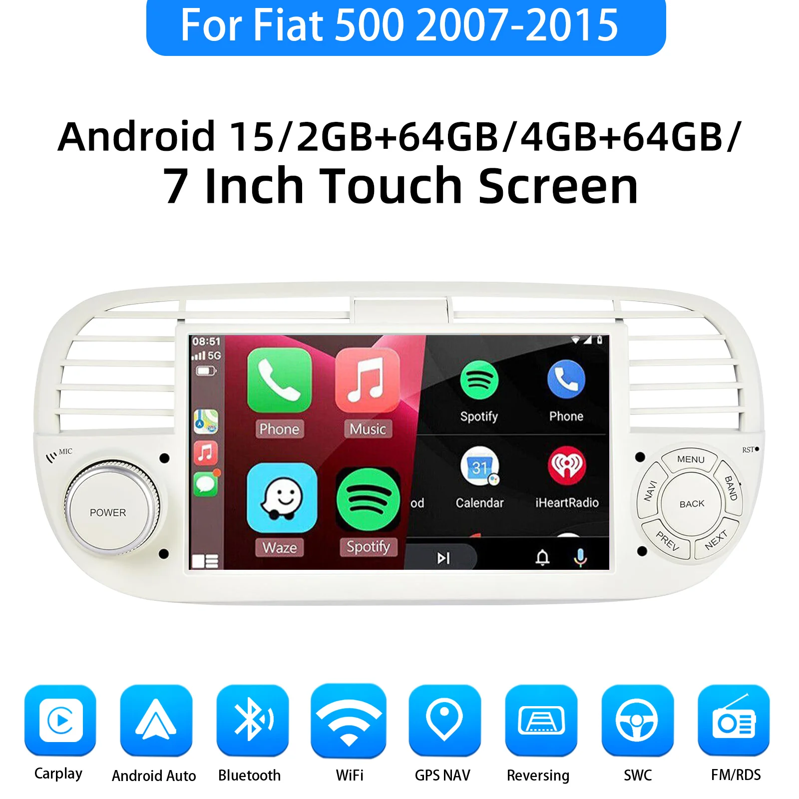 ESSGOO 4 + 64G Android 15 Auto Stereo Radio Für Fiat 500 2007-2015 7 "Display Drahtlose Carplay Android Auto GPS Nav Wifi BT RDS SWC – Detail 2