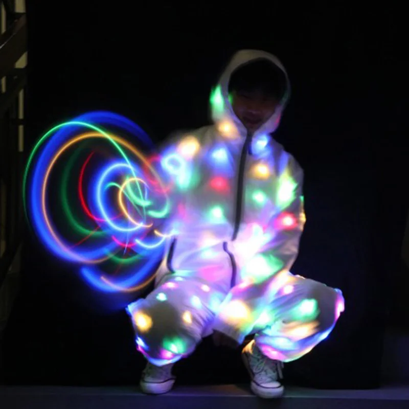 Led Leuchtende Kostüme Tanz DJ Nachtclub Bühne Street Dance Kostüm Ghost Step Dance Lichter Anzüge Coole Licht Jacke Mantel Hosen
