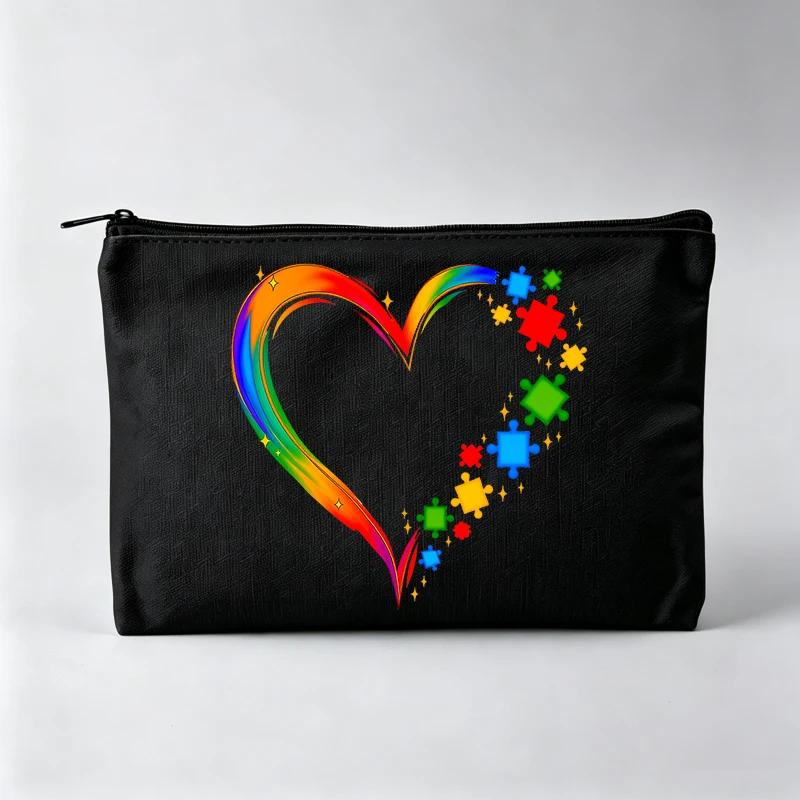 Women's Rainbow Heart and Puzzle Piece Print Makeup Bag, Colorful Cosmetic Pouch for Daily Use
