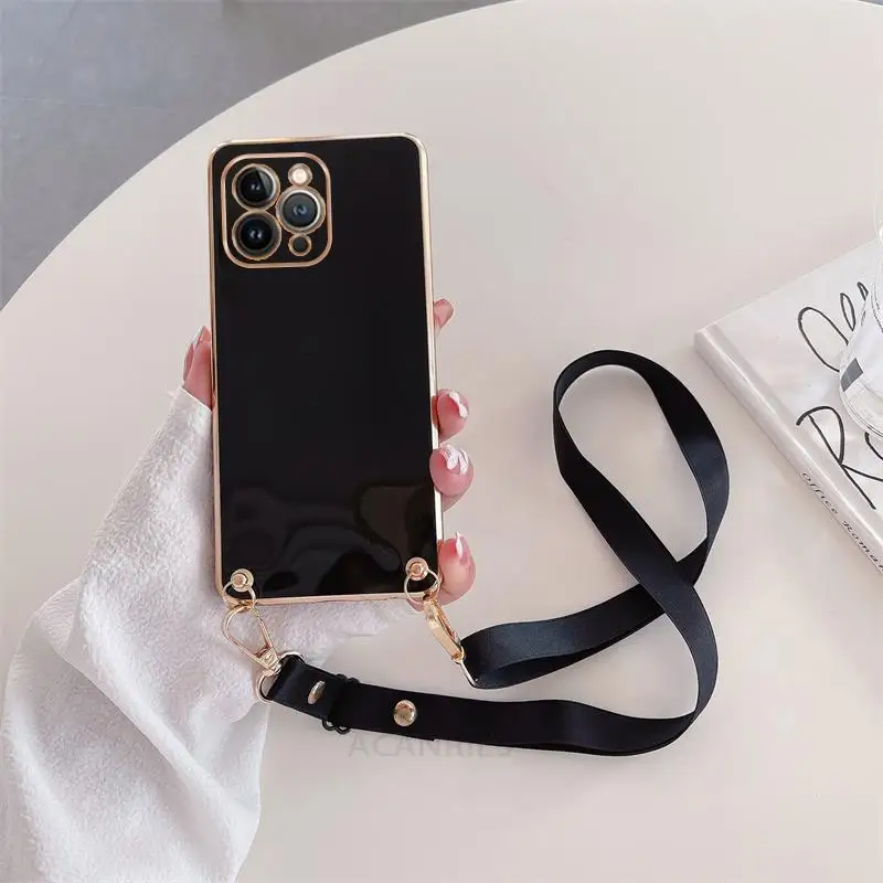 Crossbody Lanyard Case For Iphone 14 13 12 11 Pro Max 6 7 8 Plus X Xr Se 2022 Cord Plating Silicone Cover On Apple 14pro 13pro