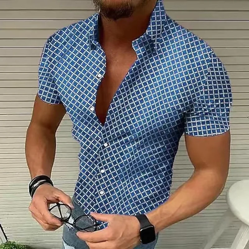 2024 Summer Fashion Men's Short Sleeve Casual Top Men's plaid street lapel short sleeve shirt