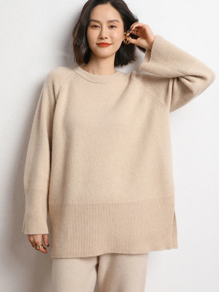 

Luxury Thick Women's Pullover Casual Loose Korean Style Cashmere Sweater O-neck Autumn Winter 100% Cashmere Soft Knitted Tops
