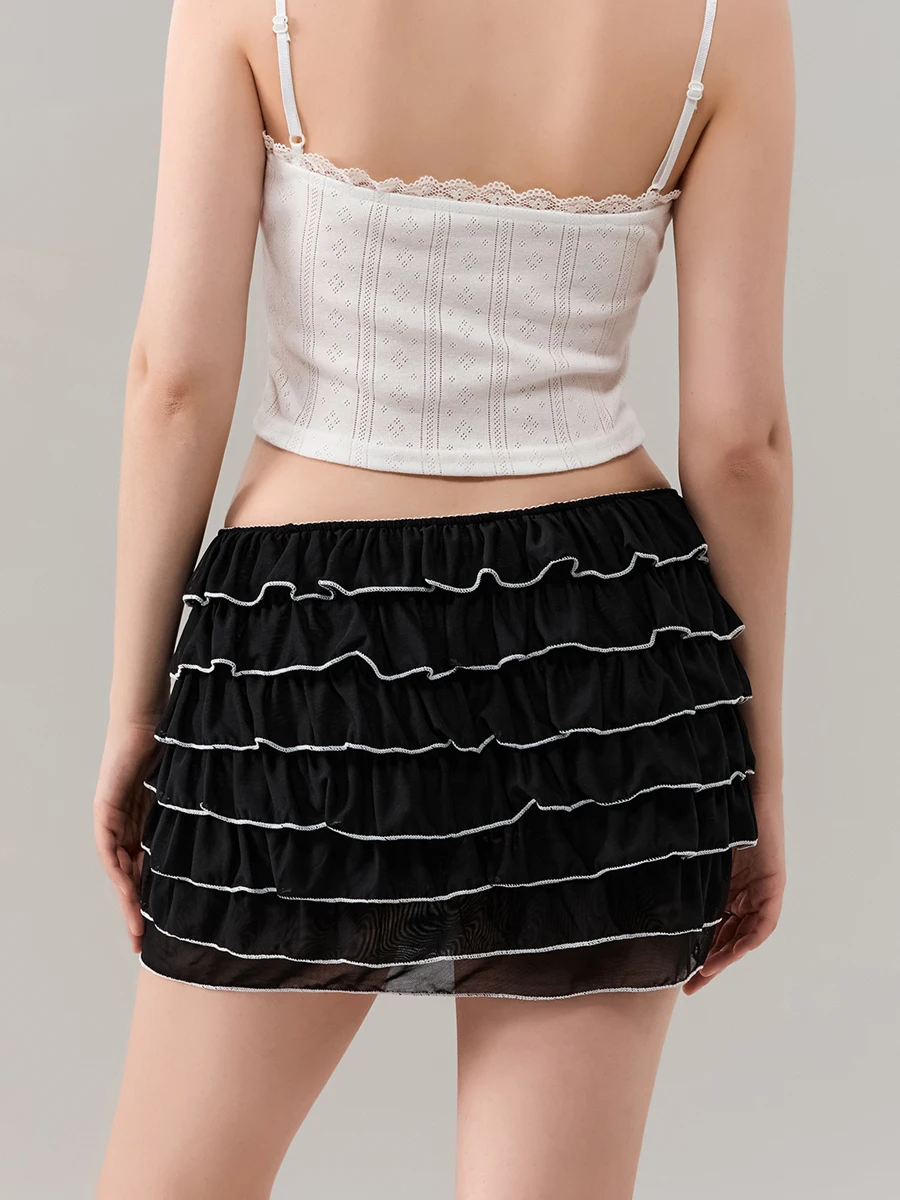 Women Y2k Ruffle Mini Skirt Floral Lace Asymmetrical Hem Aline Short Skirt Sheer Mesh A Line Short Skirts