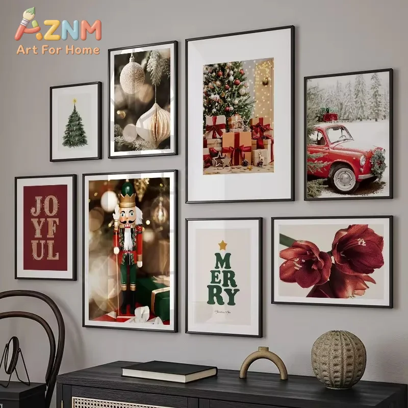 Winter Posters Red Amaryllis Christmas Tree Nutcracker Jolly Car Wall Art Prints Canvas Painting Pictures For Living Room Decor
