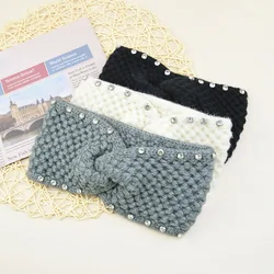 Korean Fashion Crystal Crochet Knitting Wide Headband Women Sweet Cross Knot Hairbands Soft Warm Ear Protection Warmers Headwrap