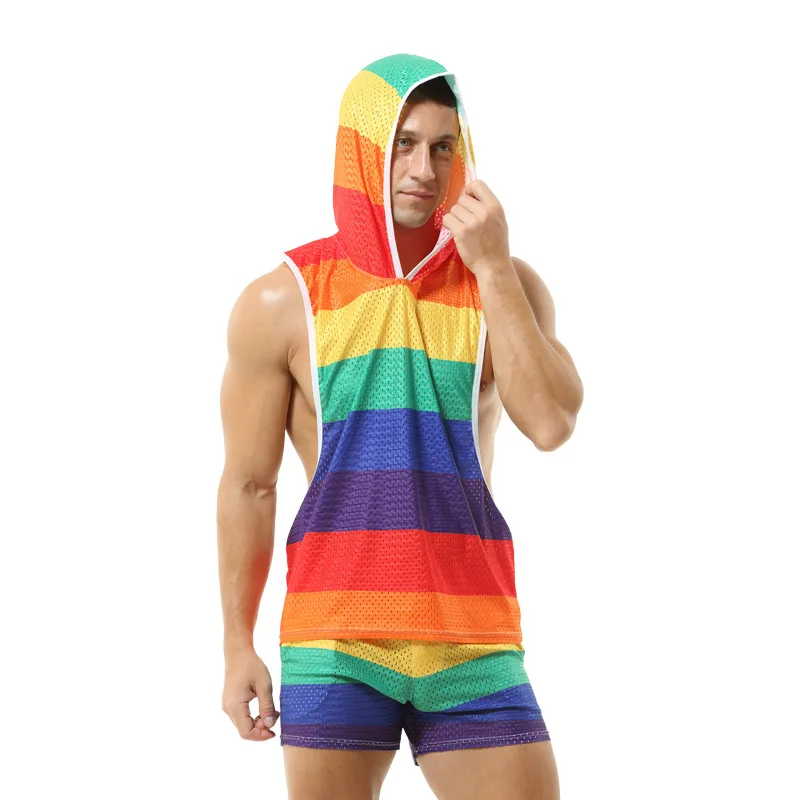 Men\'s Sets Rainbow Hooded Men\'s Tank Tops Mesh Breathable V-neck Vests Men Shorts Streetwear Tops Tee Sports Fitness Suit