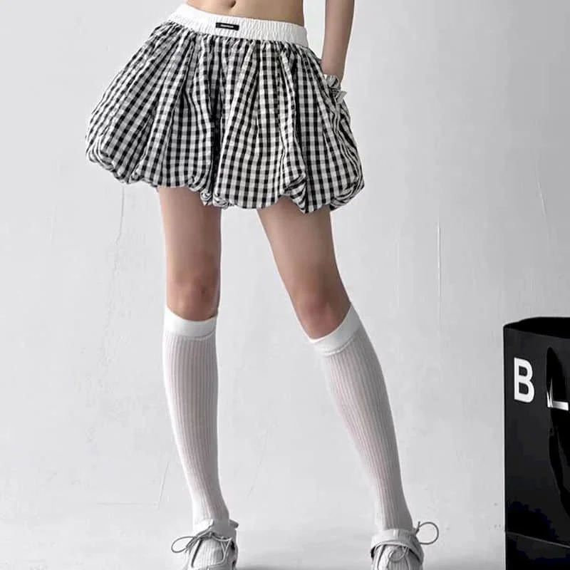 Pantaloncini scozzesi Elegante bocciolo di fiore A-line a vita alta Gamba larga Pantaloncini soffici Pantaloni lanterna in vita elastica Abbigliamento donna stile coreano