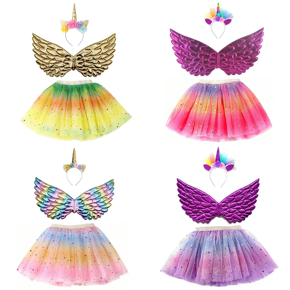 Fashion Girls Rainbow Mini Skirts Fairy Wings Unicorn Headband Glitter Dance Ballet Tutu Dress Up Set for Princess Party Costume