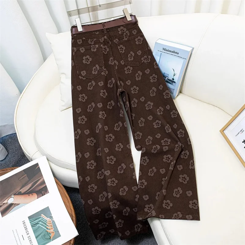 القهوة المطبوعة واسعة الساق الجينز المرأة الجديدة ربيع الخريف عالية الخصر السراويل مستقيم الساق السراويل السيدات فضفاض كاوبوي بنطلون السيدات
