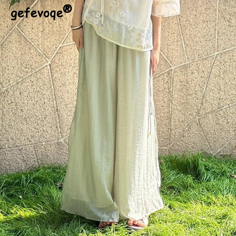 Damen bekleidung 2024 Sommer Vintage elegante ethnische Stil Stickerei weites Bein Hosen weibliche geteilte hohe Taille übergroße Hose