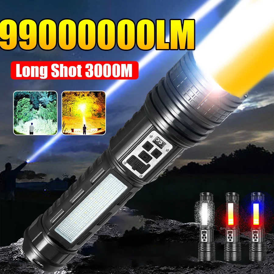 

2025 New Dual-Light Flashlights 99000000LM High-Power LED Flashlight Rechargeable Tactical Torch Camping Lantern With Back Strap