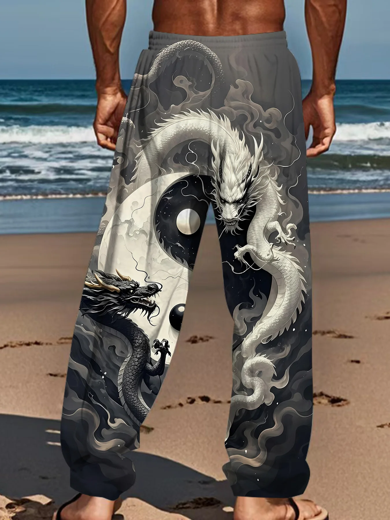 Neu eingetroffen: Trendige Unisex-Jogginghose mit Drachen- und Blumenmuster, lässige Sweatpants für Strandurlaub und den täglichen Gebrauch auf der Straße. – Detail 6