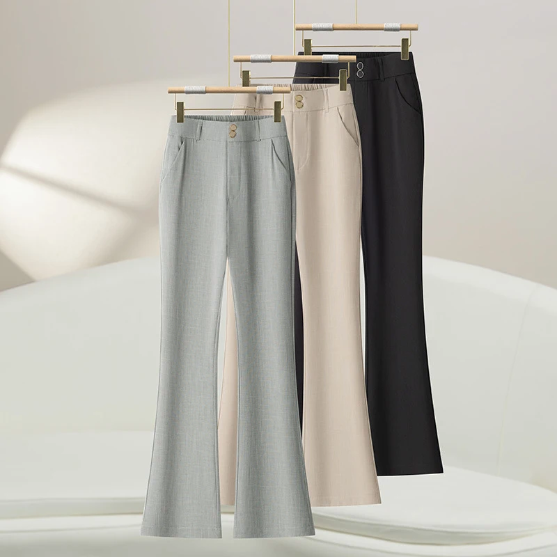 

Черные расклешенные брюки для женщин, летний стиль, повседневные брюки для женщин среднего возраста, с высокой талией, утягивающие, эластичные, расклешенные снизу.