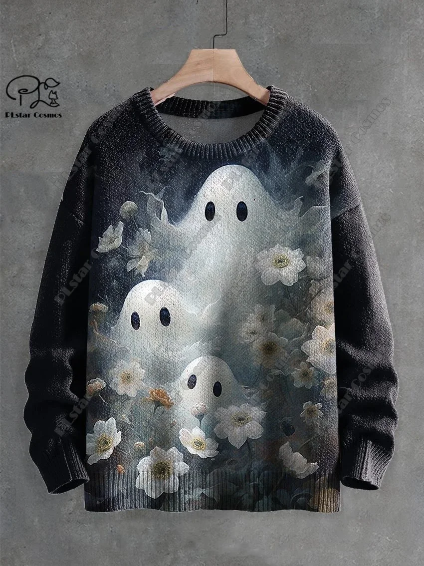 

3D Printing Halloween Custom Series Horror Ghost Skull Witch Black Cat Pattern Ugly Sweater Street Casual Winter Sweatshirt W-10