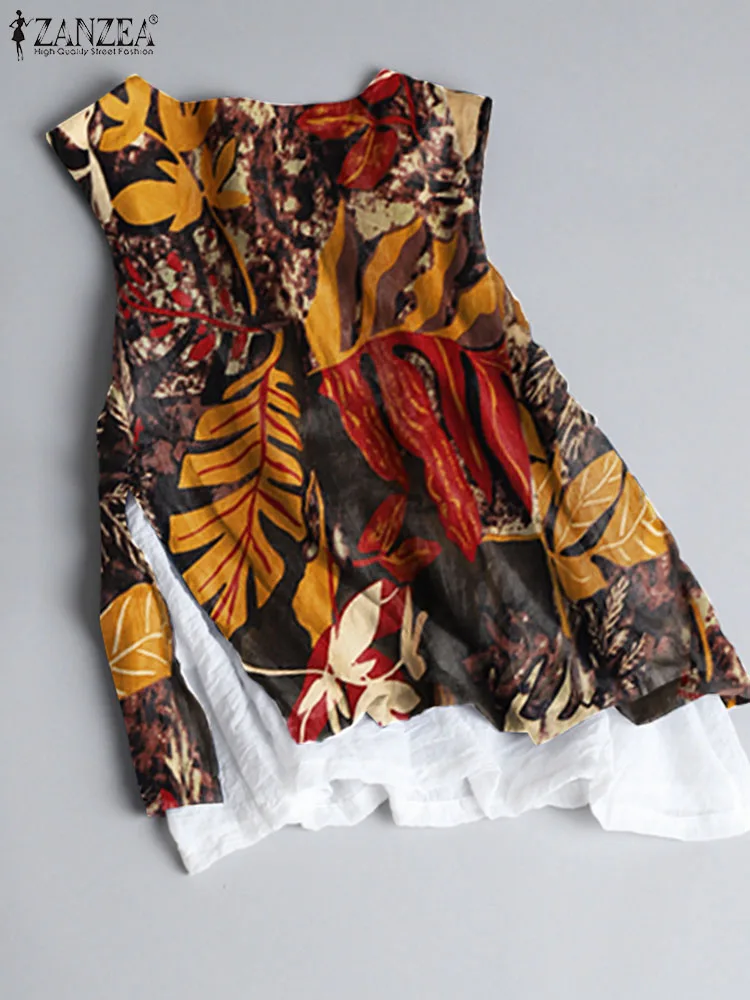 ZANZEA Summer Cotton Tank Tops Women 2024 Fashion Leaves Print Sleeveless Tanks Holiday Fake Two Pieces Camis Casual Loose Vest