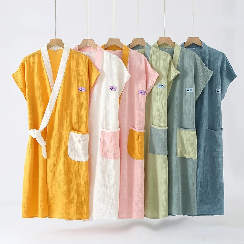 Couple Crepe Gauze Bath Robe Summer Short Sleeve Robes for Women Cotton Sleepwear Loose Casual Night Dress Women\'s Pajamas