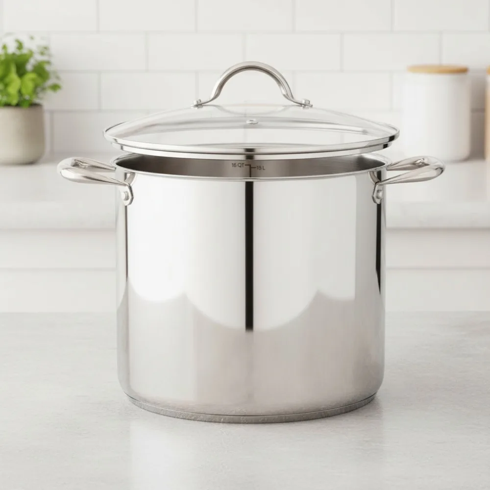 

16 Quart Stainless Steel Stockpot with Glass Lid, Even Heating Base, Oven Safe for Home Cooking