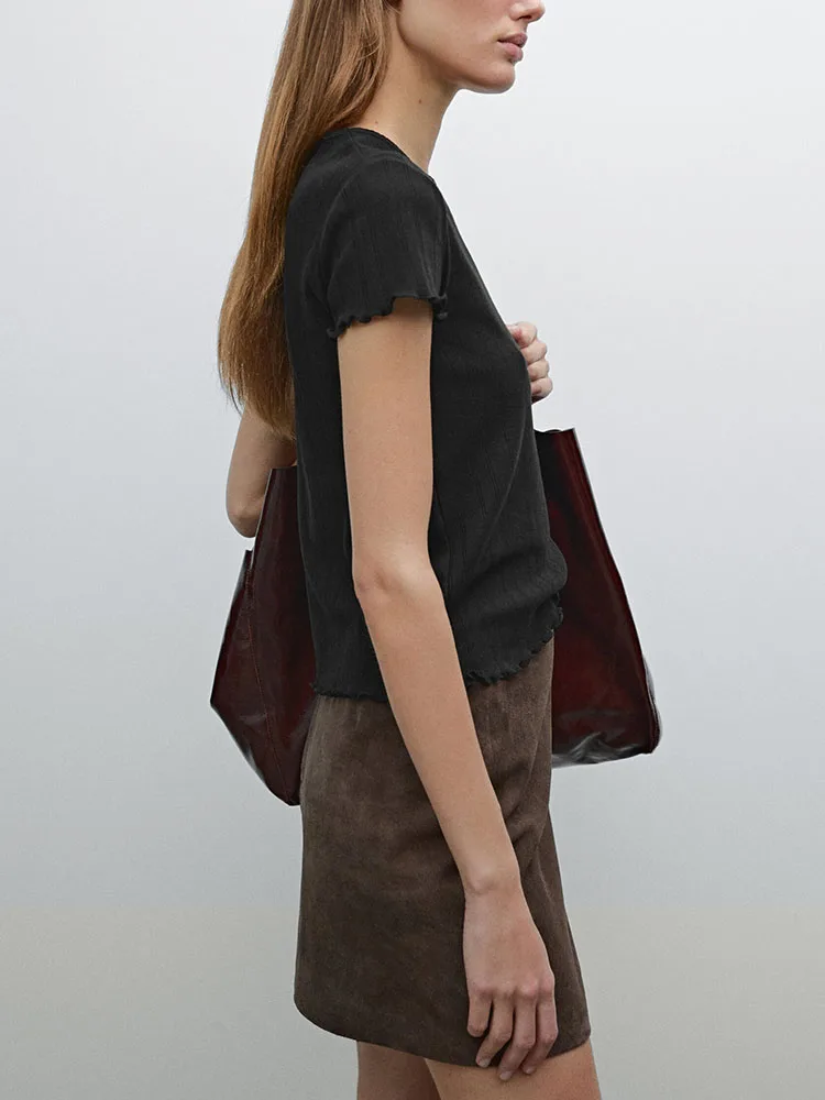 Sweet Hollow out Skin-Friendly round Ne ort Sve T-irt New Summer 2025 Women's Faion Commute Sle Slim Fit Pure Color