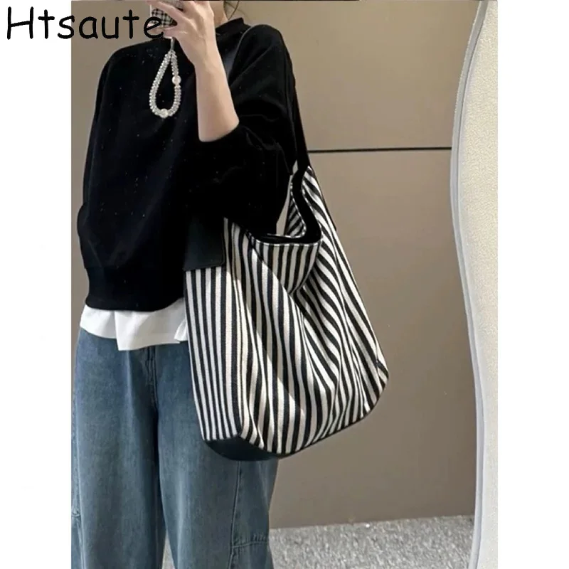 

Striped Printed Canvas Handbags New Casual Tote Large Capacity Shoulder Bag Simple Fashion Messenger Bags for Schoolgirl