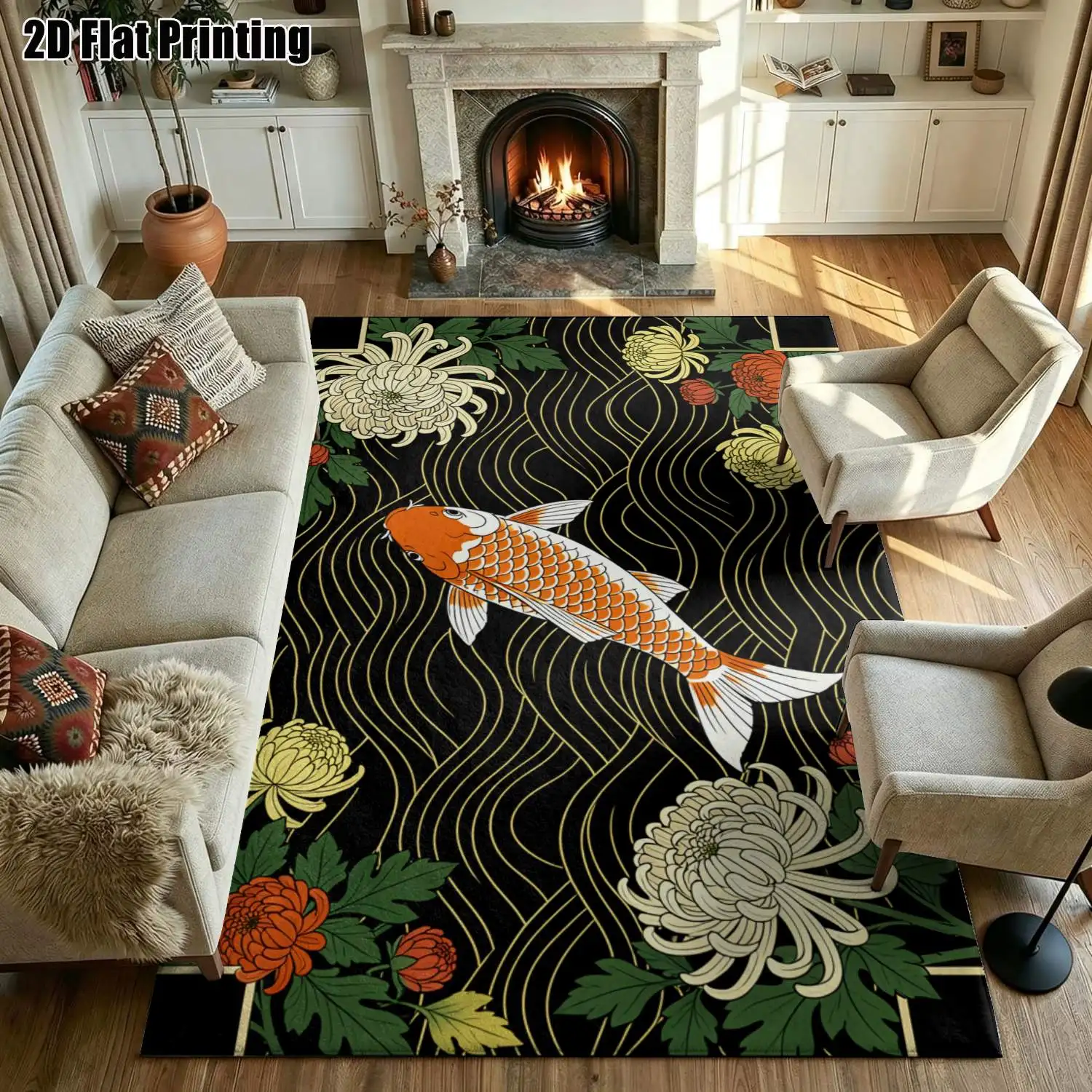 1Pc 2D Printed Koi & Chrysanthemum Wave Pattern Carpet: Vintage, Minimalist, European Style, Machine Washable, Multi-Size, for Home Decor, Multi-Scenario Use