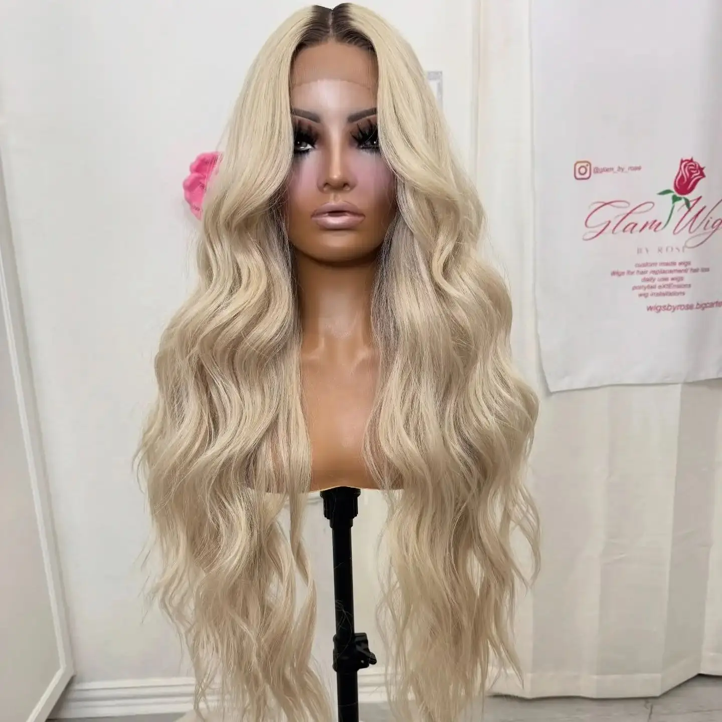 Light Champagne Blonde Human Hair Blend Synthetic Fiber Body Wave Dark Roots Middle Parting 13*4 High Definition Wig For Women