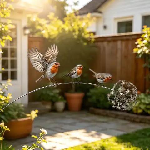 Robin Gartenstecker mit 3 Robin-Vögeln und Löwenzahn-Design, rustikale Vogel-Gartenkunst-Dekoration für Rasen, Terrasse, Blumenbeet, Gehweg