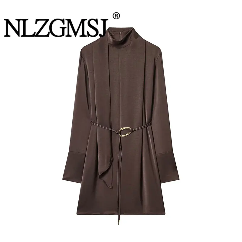Nlzgmsj 2026 elegante elegante satén marrón bufanda cuello mujeres vestido de manga larga cinturón de moda decoración vestido de mujer