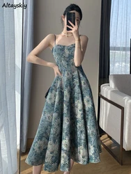 Summer Long Dresses Women Vintage Prints Elegant French Temper Midi Dress Stylish Partywear Sexy Ladies Sleeveless Ropa Mujer