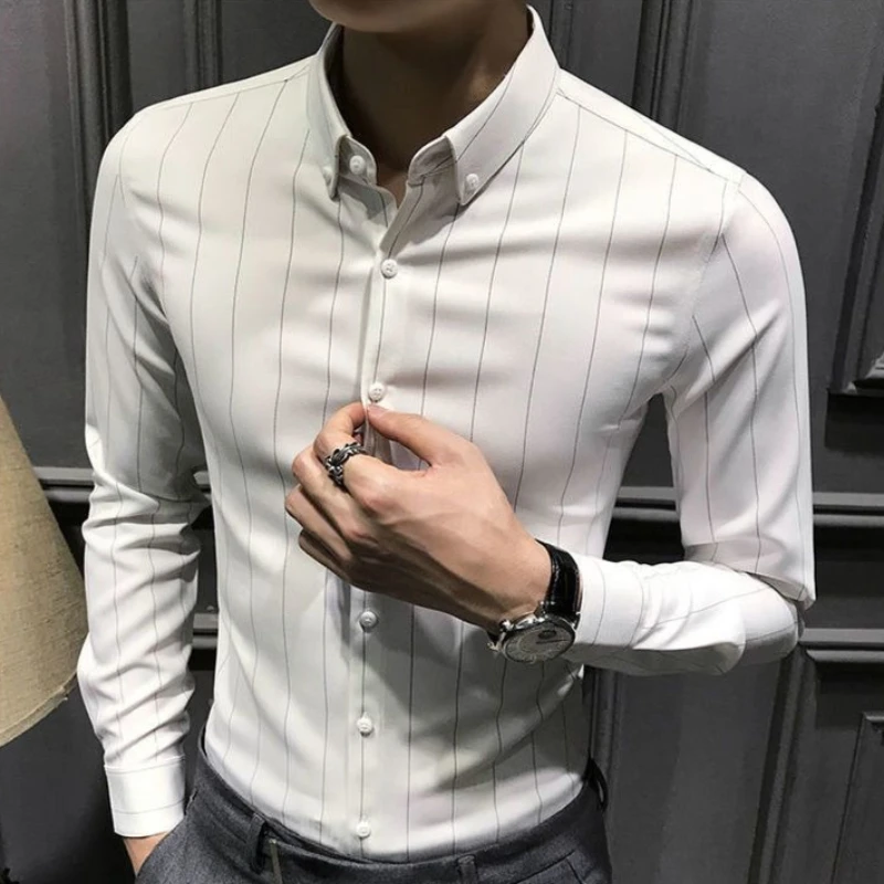 

Мужская черная деловая рубашка с длинным рукавом, не требующая глажки, новый корейский стиль, модная, с вертикальными полосками, приталенная, повседневная