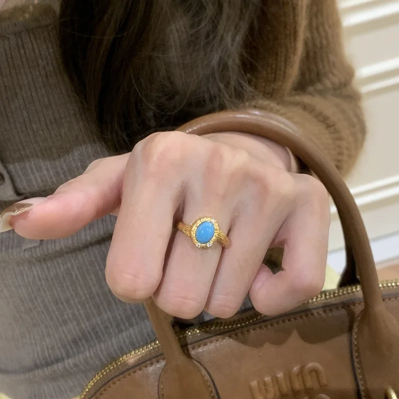 Vintage brushed turquoise necklace rings earrings for women fashion antique gold crafts diamond inlay blue fashion jewelry sets