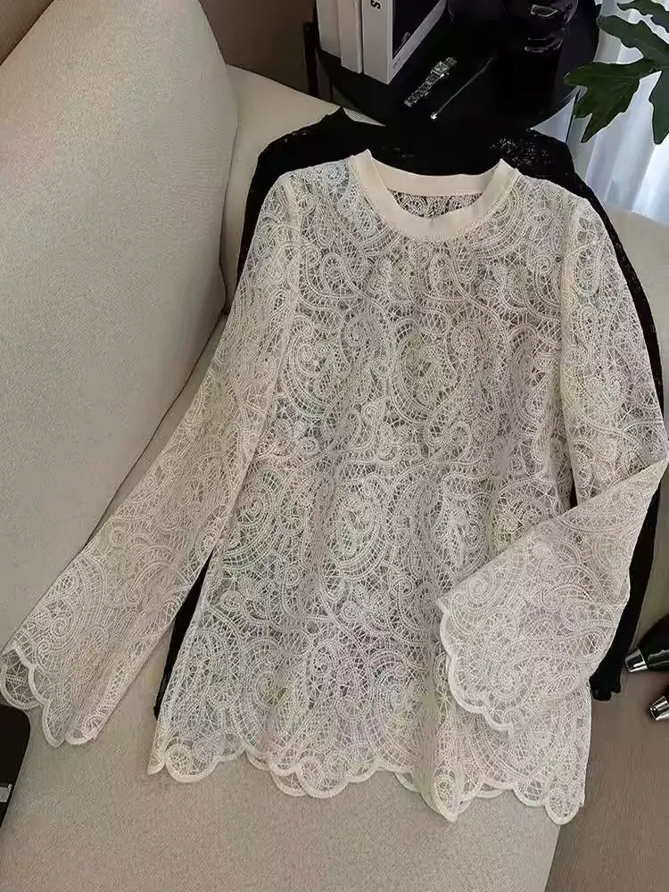 Sweter Wol Halus Musim Semi Musim Gugur Kasual Leher Bulat Pullover Renda Berongga Bawah Slim Fit Blus Jumper untuk Wanita