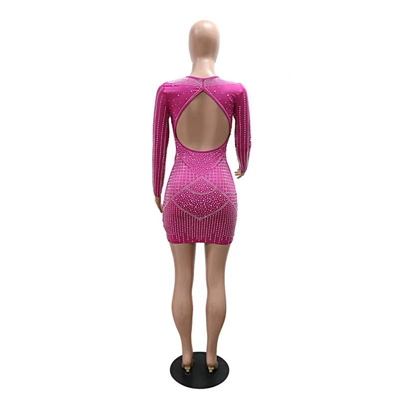 여성용 긴팔 오픈 바디콘 라인스톤 미니 파티 원피스, 생일 컷 아웃 다이아몬드, 섹시 슬림 나이트 클럽 원피스, 2024 가을