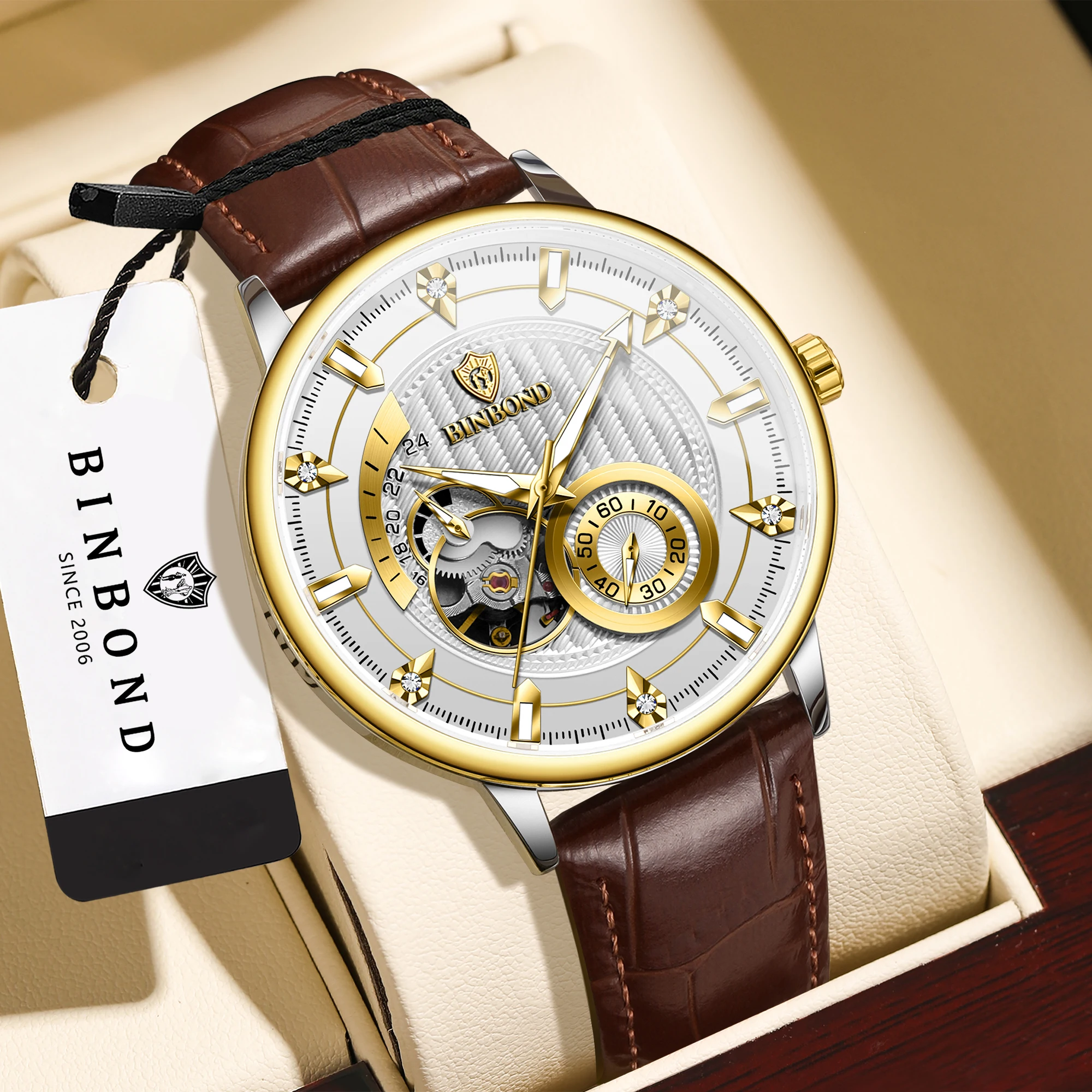 BINBOND Men's Automatic Tourbillon Mechanical Wristwatch Luminous Waterproof Watch For Men Luxury Reloj Hombre  +Gift Box