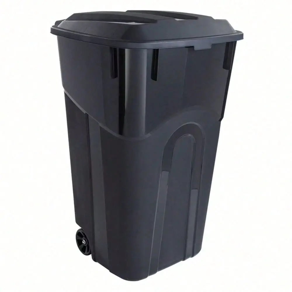 Gallon Wheeled Heavy Duty Plastic Garbage Can, Attached Lid, Black