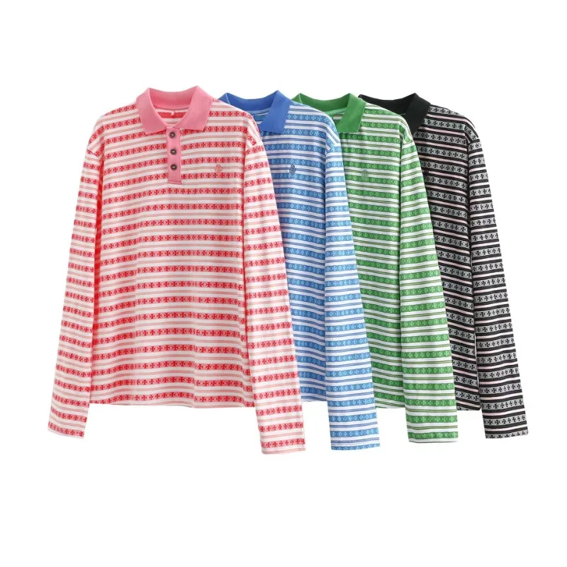 Early Autumn Polo Striped Color Matching Loose Casual Long Sleeve T-shirt