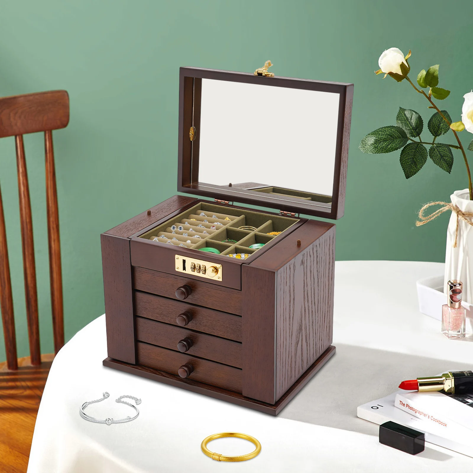 Wooden Jewelry Storage Box with Combination Lock, Large Capacity Rustic Jewelry Organizer with Mirror for Earrings Necklaces Watches, Gift for Women