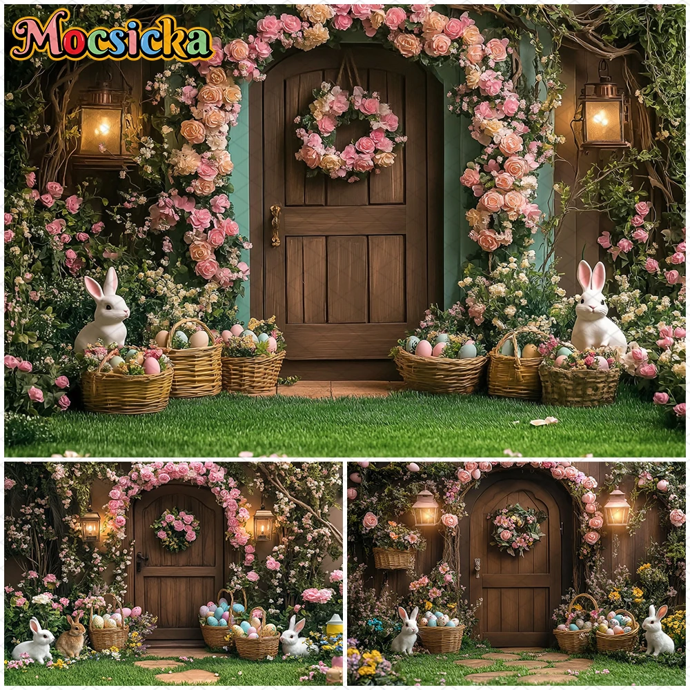 

Mocsicka Spring Photography Backdrop Easter Courtyard Rabbit Egg Flowers Pink Roses Decoration Background Studio Props Wallpaper