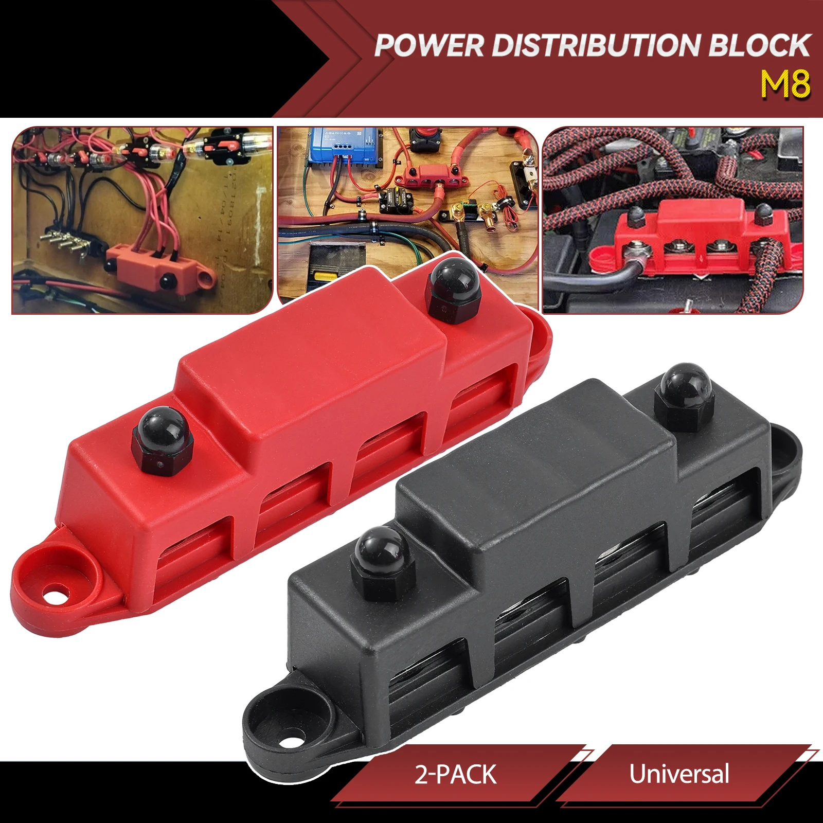 

Universal Car Power Distribution Block 12V 250A Bus Bar Terminal Block 5/16" Terminal Studs M8 Screw Wire Connector 48VDC 300VAC