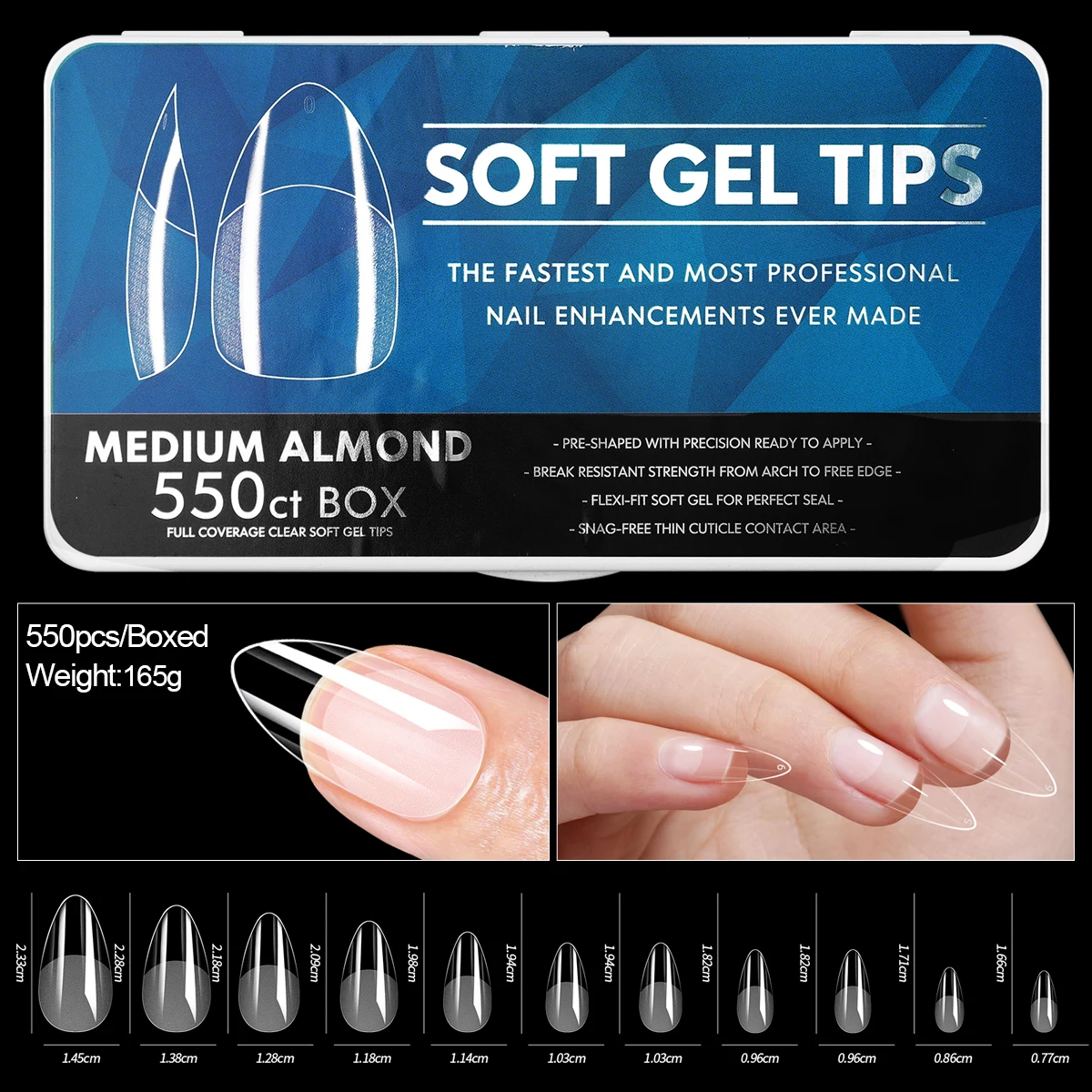 

550pcs Boxed M Half Matte Soft Gel Tips False Press on Almond Nails 11Sizes Nail Extension Acrylic Tools DIY Nail Supplies