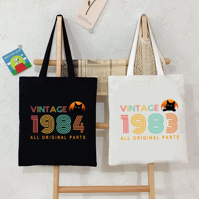 

Women Men Handbags Vintage Cat Birthday Year 1980-1989 Canvas Bag Harajuku Street Style Shoulder Bag Year Design Shopping Bags