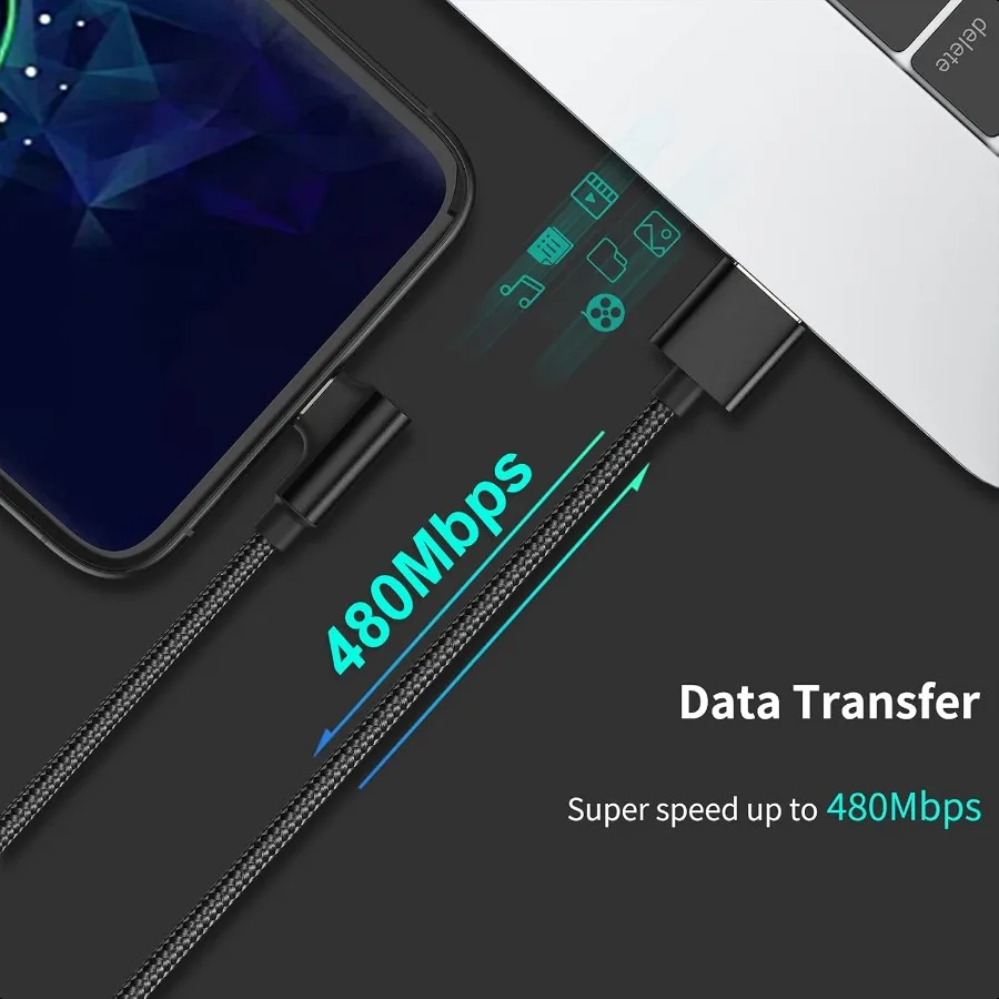 كابل USB C بزاوية 6.6 قدم شحن سريع 3 عبوات 90 درجة USB A إلى USB نوع C سلك طويل 3A متوافق مع Samsung Galaxy No