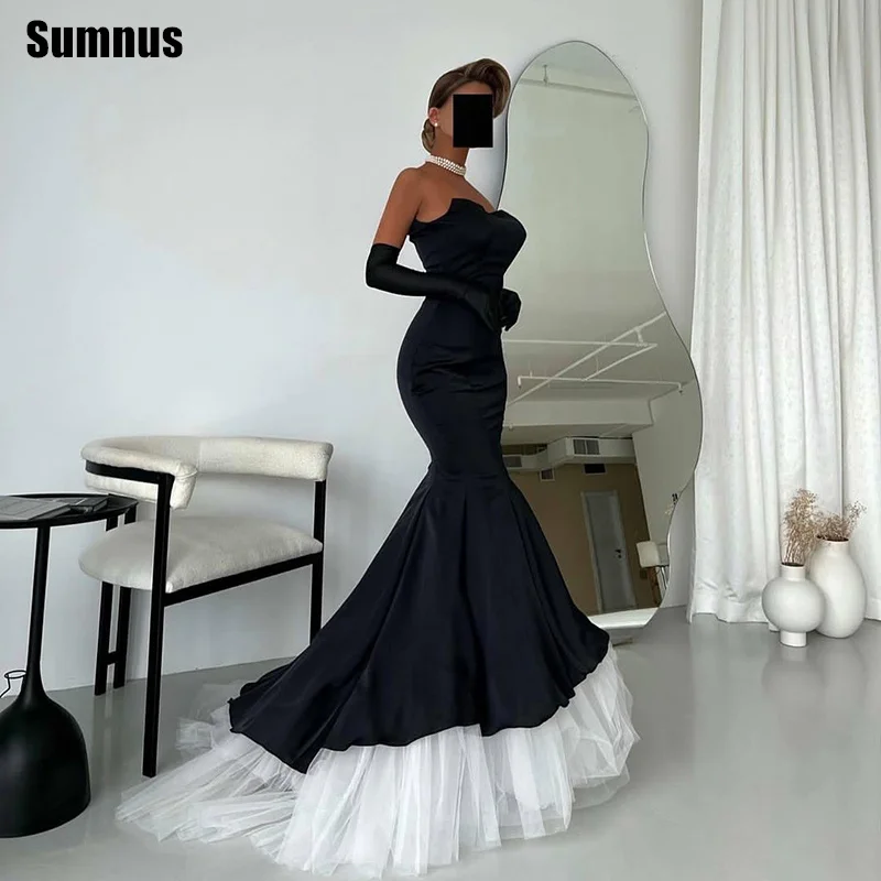

Sumnus Elegant Black/White Mermaid Prom Dresses Draped Floor Length Formal Dresses With Train فساتين سهرة Customized