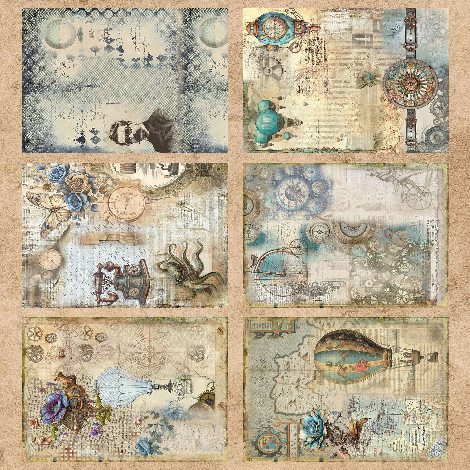 12 Sheets A5 Size Steampunk Airship Made Of Old Newspaper Portrait Background Vintage Grunge Journal Planning Scrapbooking