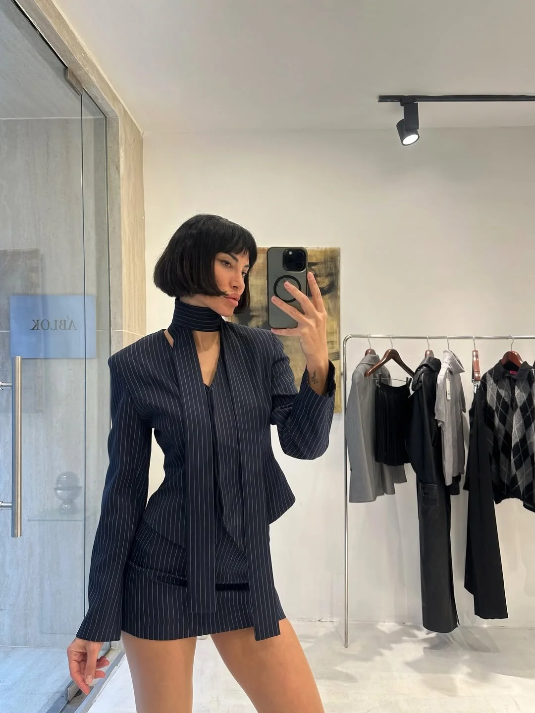 Women Dark Stripe Neck Tie Suit Set V Neck Long Sleeve Fitted Blazer High Waist Mini Skirt 2026 Autumn Commute Matching Outfit